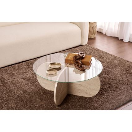 Konferenční stolek BUBBLE pr. 75 cm travertin/čirá