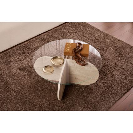 Konferenční stolek BUBBLE pr. 75 cm travertin/čirá