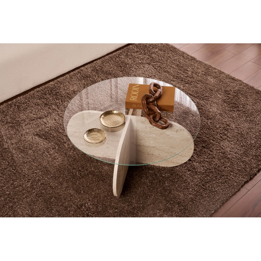 Konferenční stolek BUBBLE pr. 75 cm travertin/čirá
