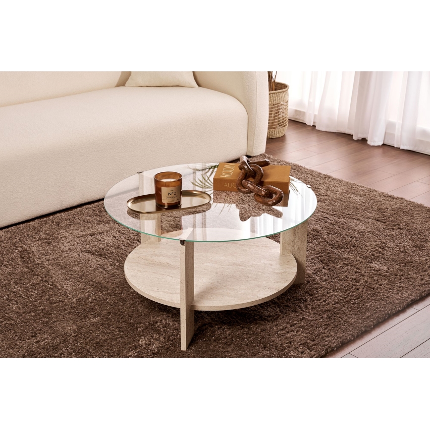 Konferenční stolek SFERA pr. 75 cm travertin/čirá