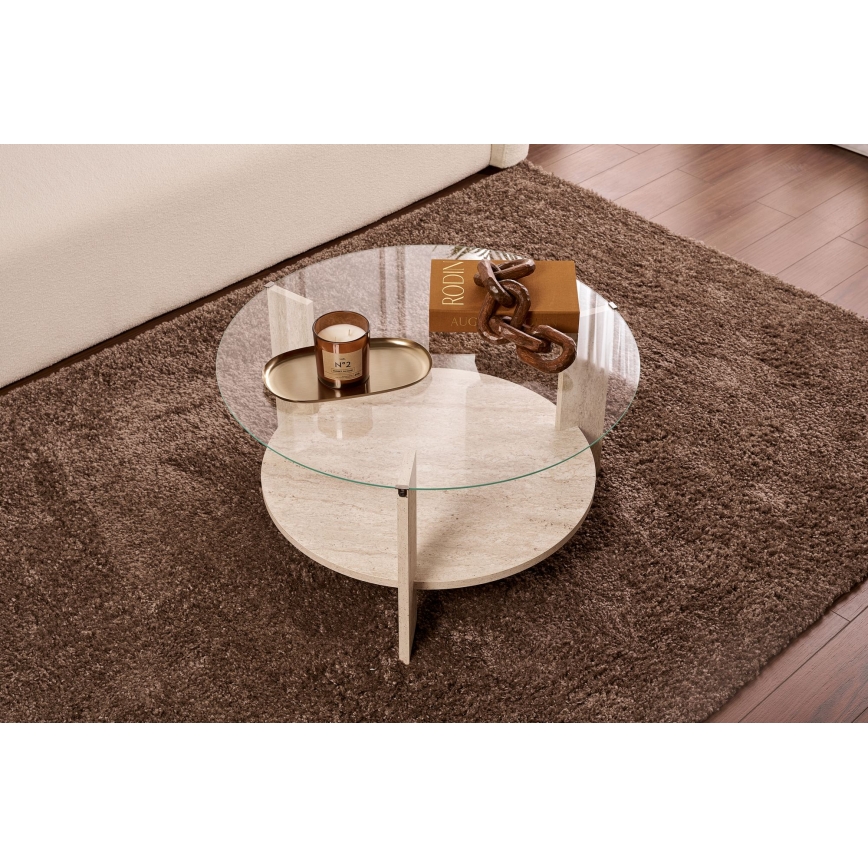Konferenční stolek SFERA pr. 75 cm travertin/čirá