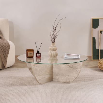 Konferenční stolek VERE pr. 90 cm travertin/čirá