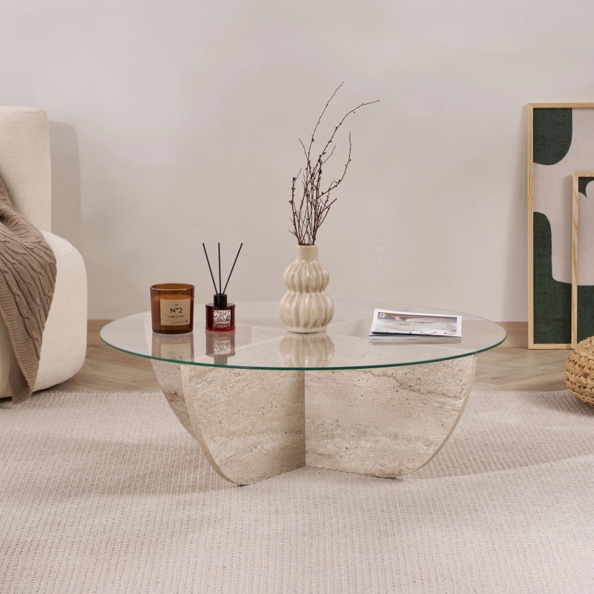 Konferenční stolek VERE pr. 90 cm travertin/čirá