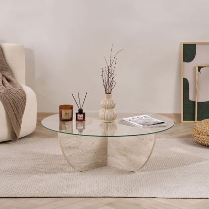 Konferenční stolek VERE pr. 90 cm travertin/čirá