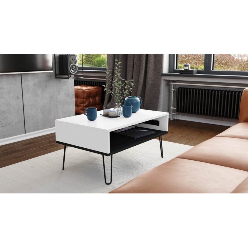 Konferenční stůl se zvedací deskou a policí HALIJA 90x60 cm bílá/černá