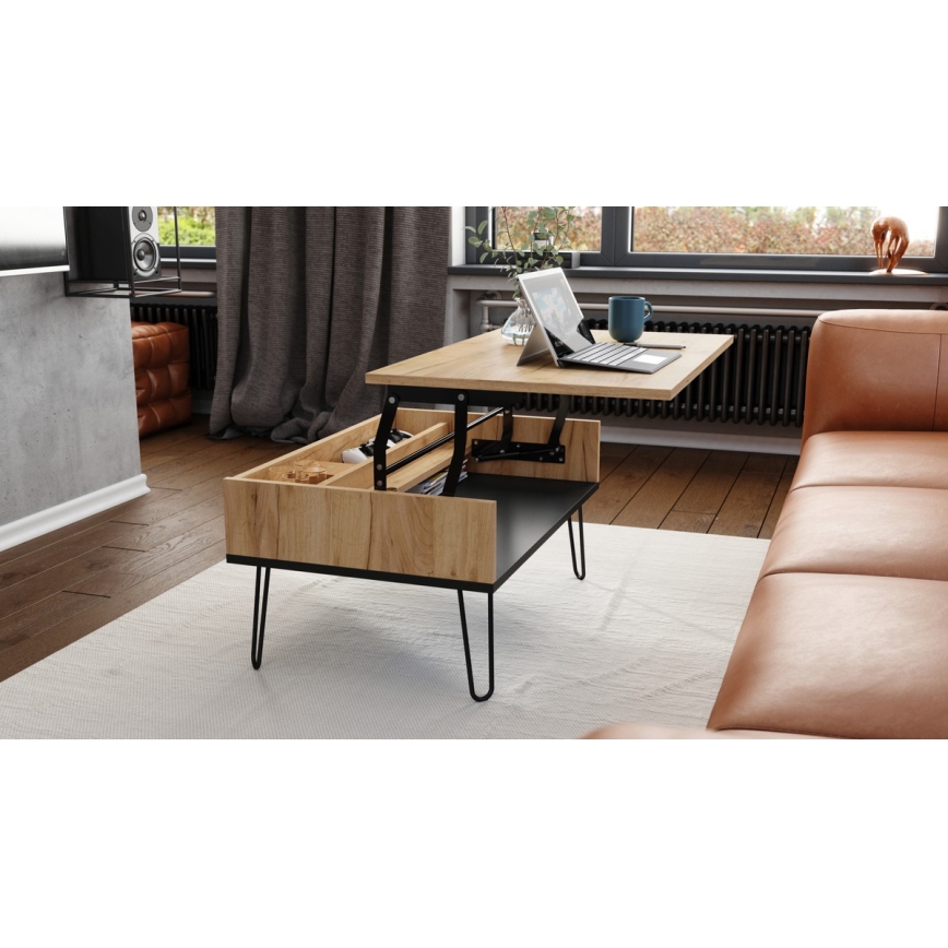 Konferenční stůl se zvedací deskou a policí HALIJA 90x60 cm dub craft/černá