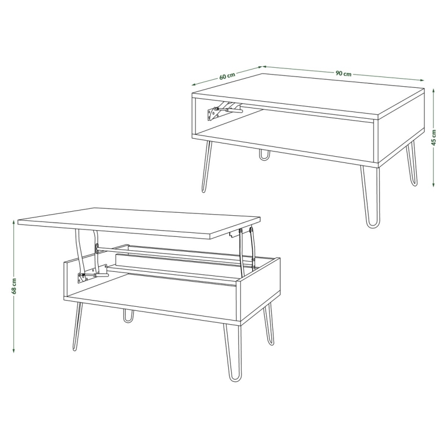Konferenční stůl se zvedací deskou a policí HALIJA 90x60 cm dub craft/černá