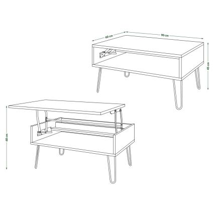 Konferenční stůl se zvedací deskou a policí HALIJA 90x60 cm šedá beton/černá