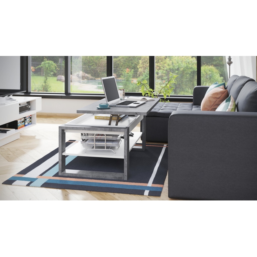 Konferenční stůl se zvedací deskou a policí NEA 110x65 cm beton/bílá