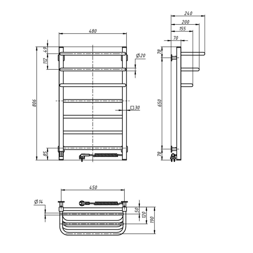 Koupelnový elektrický radiátor s termostatem FORTIS 350W/230V 80,6 cm IP44 černá pravá hranatý