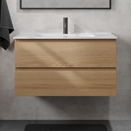Koupelnová skříňka s umyvadlem KENWOOD 91 cm dub/bílá