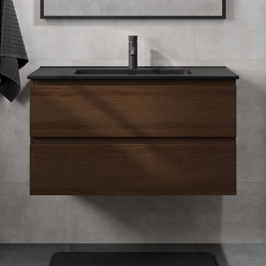 Koupelnová skříňka s umyvadlem KENWOOD 91 cm ořech/černá