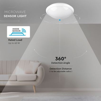 Koupelnové stropní svítidlo se senzorem 1xE27/60W/230V IP44 ø 29,6 cm