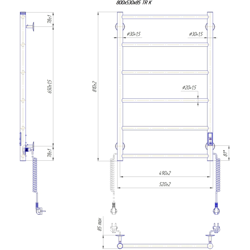 Koupelnový žebříkový radiátor CLASSIC 110W/230V 81x52 cm nerez/bílá pravá