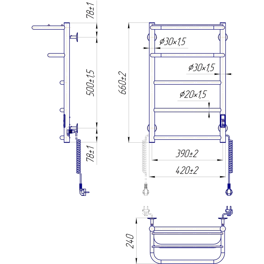 Koupelnový žebříkový radiátor HOTEL 75W/230V 66x42 cm nerez/chrom pravá