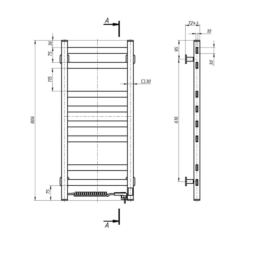 Koupelnový žebříkový radiátor s termostatem AVANGARD 251W/230V 80,6 cm IP44 bílá levá hranatý