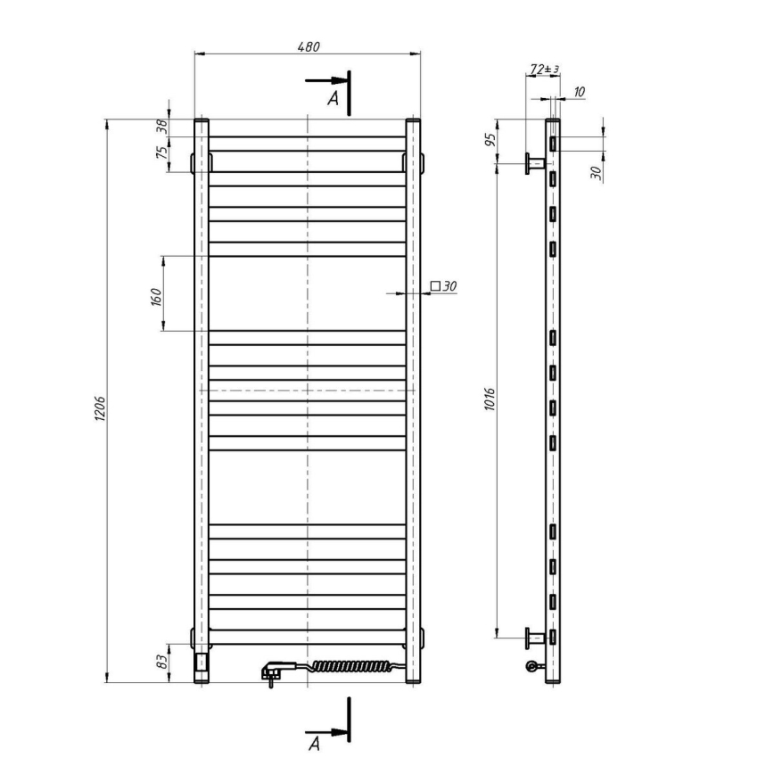 Koupelnový žebříkový radiátor s termostatem AVANGARD 459W/230V 120,6cm IP44 bílá pravá hranatý