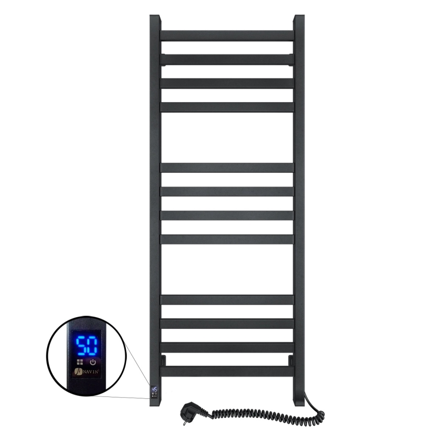 Koupelnový žebříkový radiátor s termostatem AVANGARD 459W/230V 120,6 cm IP44 černá pravá hranatý