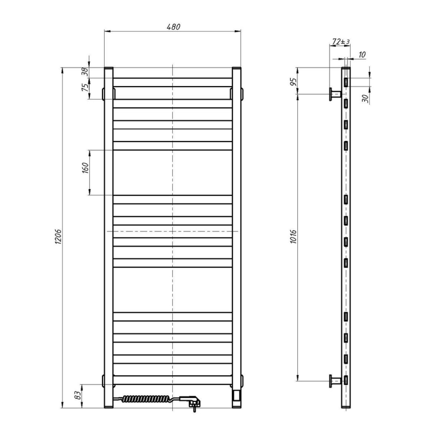 Koupelnový žebříkový radiátor s termostatem AVANGARD 459W/230V 120,6 cm IP44 černá pravá hranatý