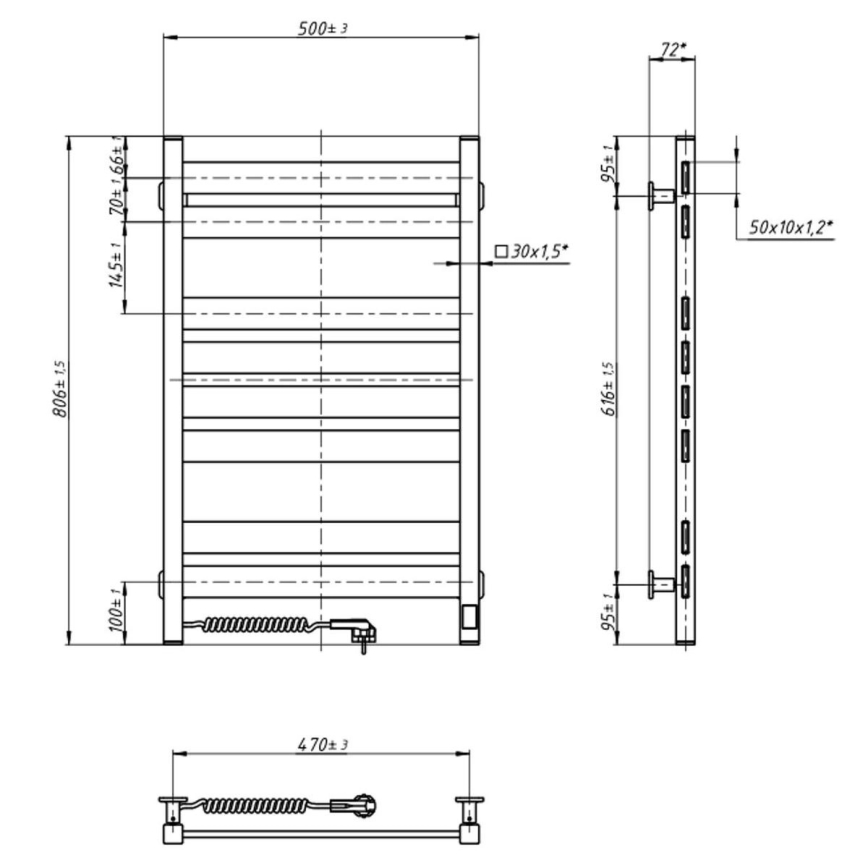 Koupelnový žebříkový radiátor s termostatem LARGO 432W/230V 80,6 cm IP44 černá levá hranatý