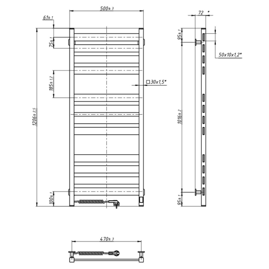Koupelnový žebříkový radiátor s termostatem LARGO 541W/230V 120,6 cm IP44 černá levá hranatý