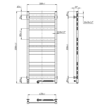 Koupelnový žebříkový radiátor s termostatem LARGO 541W/230V 120,6 cm IP44 černá pravá hranatý