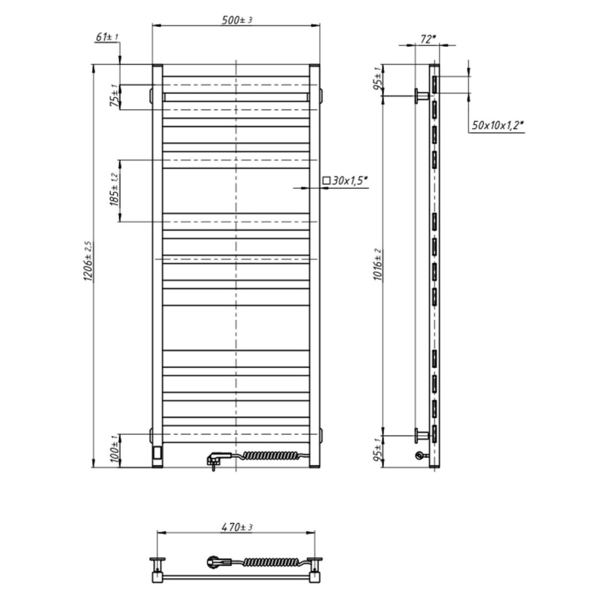 Koupelnový žebříkový radiátor s termostatem LARGO 541W/230V 120,6 cm IP44 černá pravá hranatý