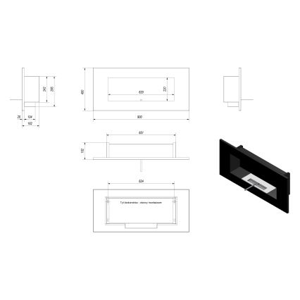 Kratki - Vestavěný BIO krb 40x90 cm 2kW černá