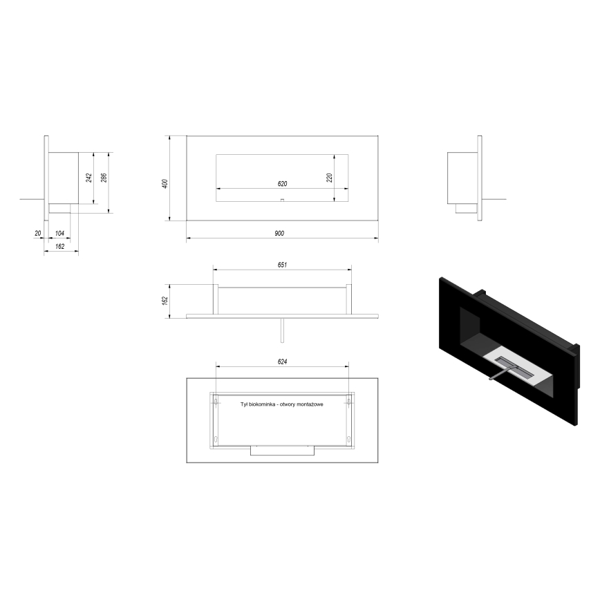 Kratki - Vestavěný BIO krb 40x90 cm 2kW černá