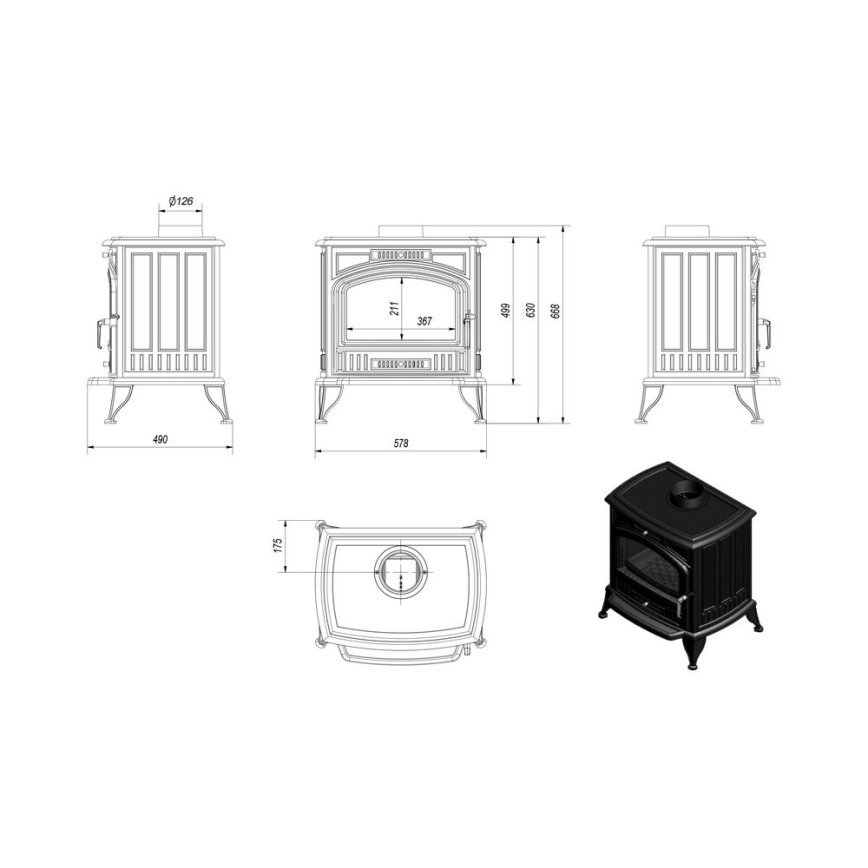 Kratki - Krbová litinová kamna 8kW 150mm