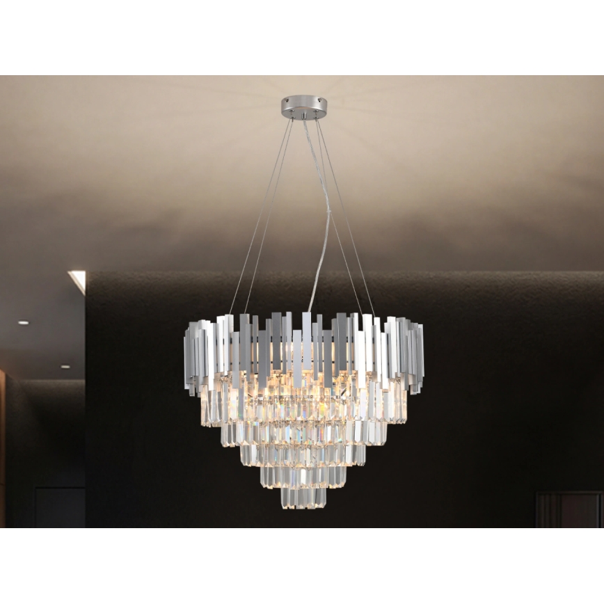 Křišťálový lustr na lanku PLAZA 9xE14/40W/230V pr. 60 cm stříbrná