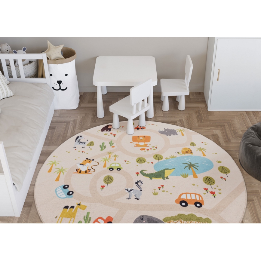 Kulatý dětský protiskluzový koberec ARES STREETS 160 cm béžová/safari