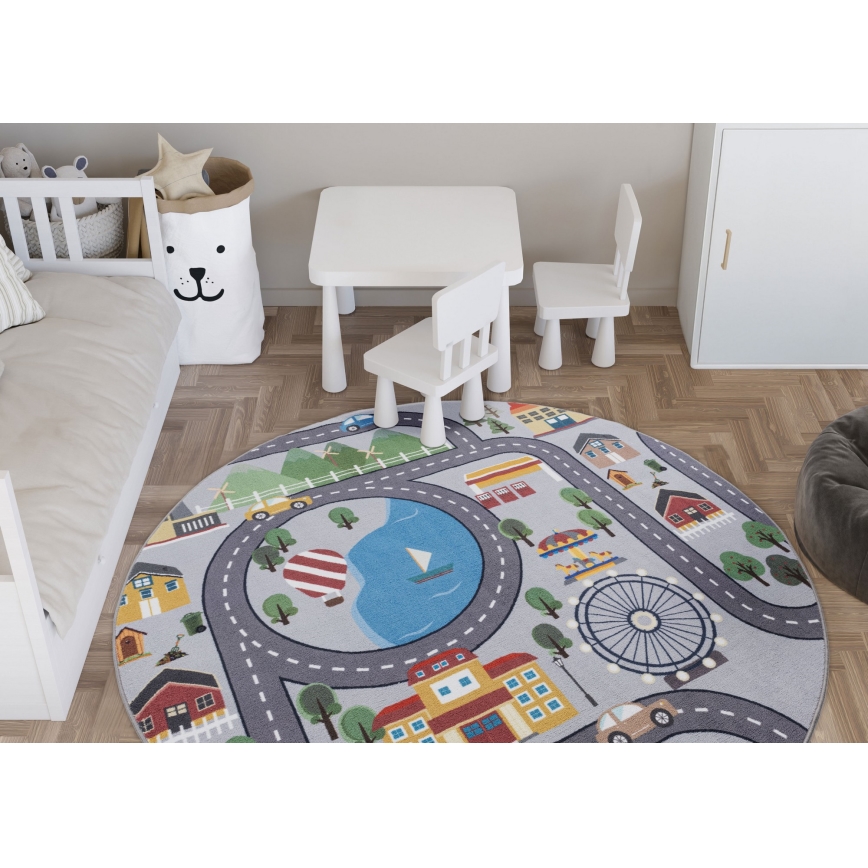 Kulatý dětský protiskluzový koberec ARES STREETS 160 cm šedá/město