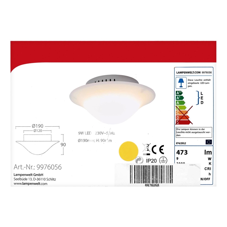 Lampenwelt - LED Stropní svítidlo LED/9W/230V