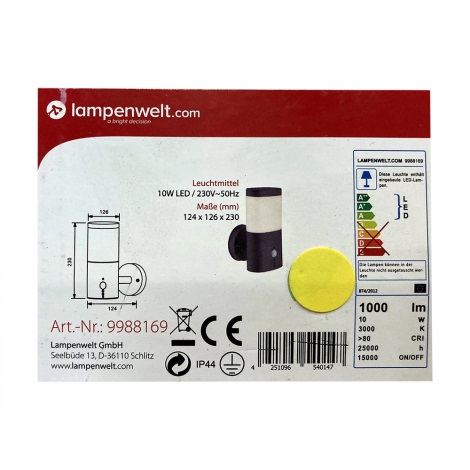 Lampenwelt - LED Venkovní svítidlo se senzorem LED/10W/230V IP44