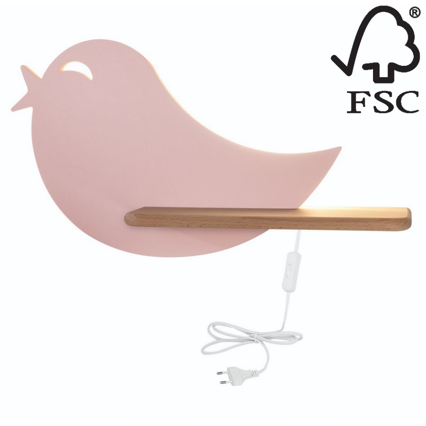 LED Dětské nástěnné svítidlo s poličkou BIRD LED/5W/230V růžová/dřevo, 