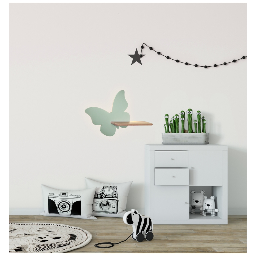 LED Dětské nástěnné svítidlo s poličkou BUTTERFLY LED/5W/230V zelená/dřevo, FSC certifikováno