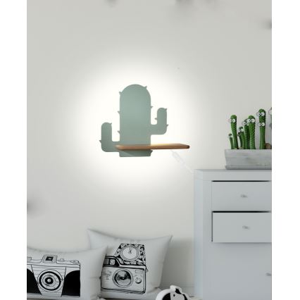 LED Dětské nástěnné svítidlo s poličkou CACTUS LED/4W/230V zelená/dřevo, FSC certifikováno