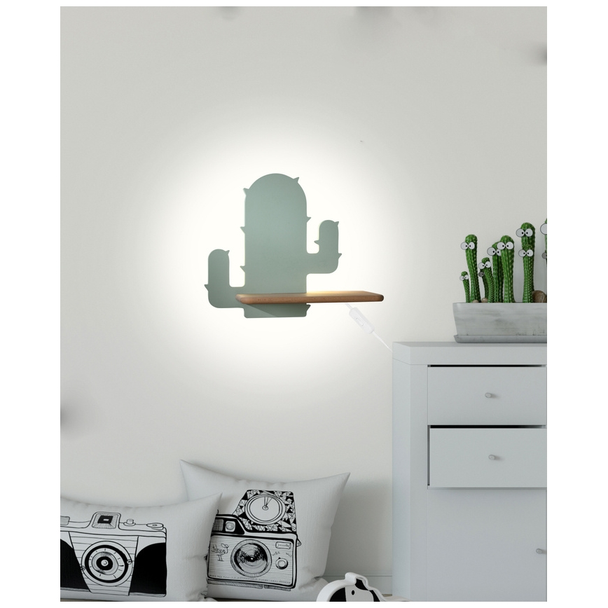 LED Dětské nástěnné svítidlo s poličkou CACTUS LED/4W/230V zelená/dřevo, FSC certifikováno