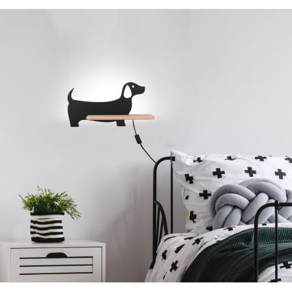 LED Dětské nástěnné svítidlo s poličkou DOG LED/5W/230V černá/dřevo, FSC certifikováno