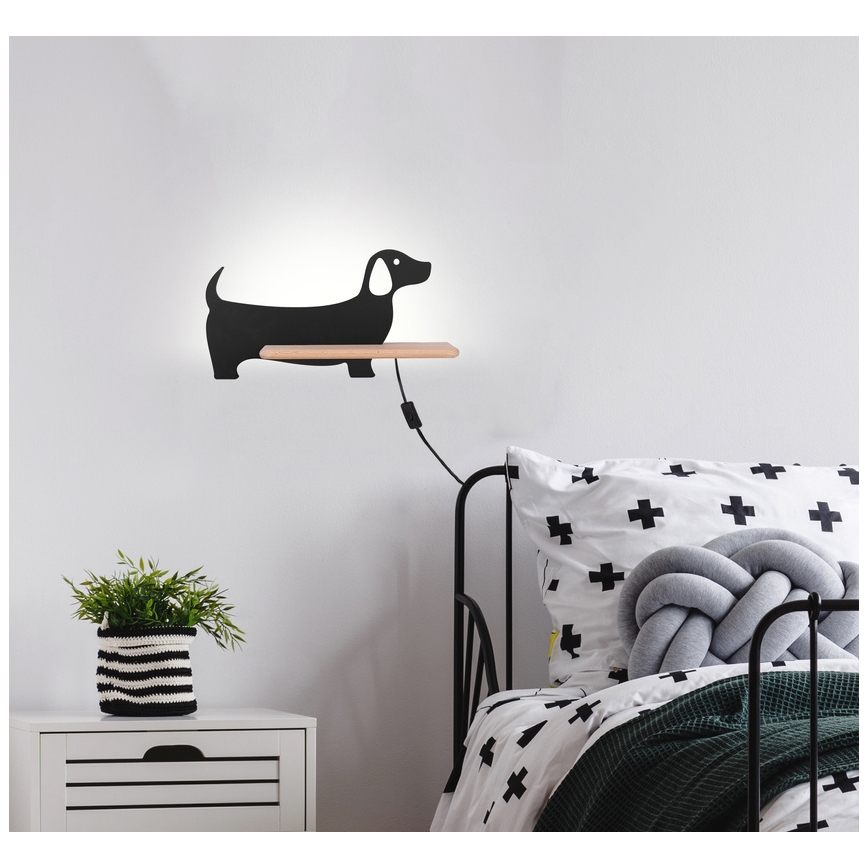 LED Dětské nástěnné svítidlo s poličkou DOG LED/5W/230V černá/dřevo, FSC certifikováno