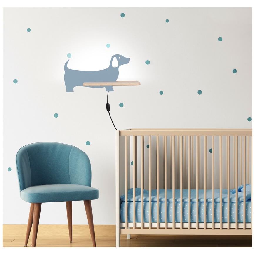 LED Dětské nástěnné svítidlo s poličkou DOG LED/5W/230V modrá/dřevo, FSC certifikováno