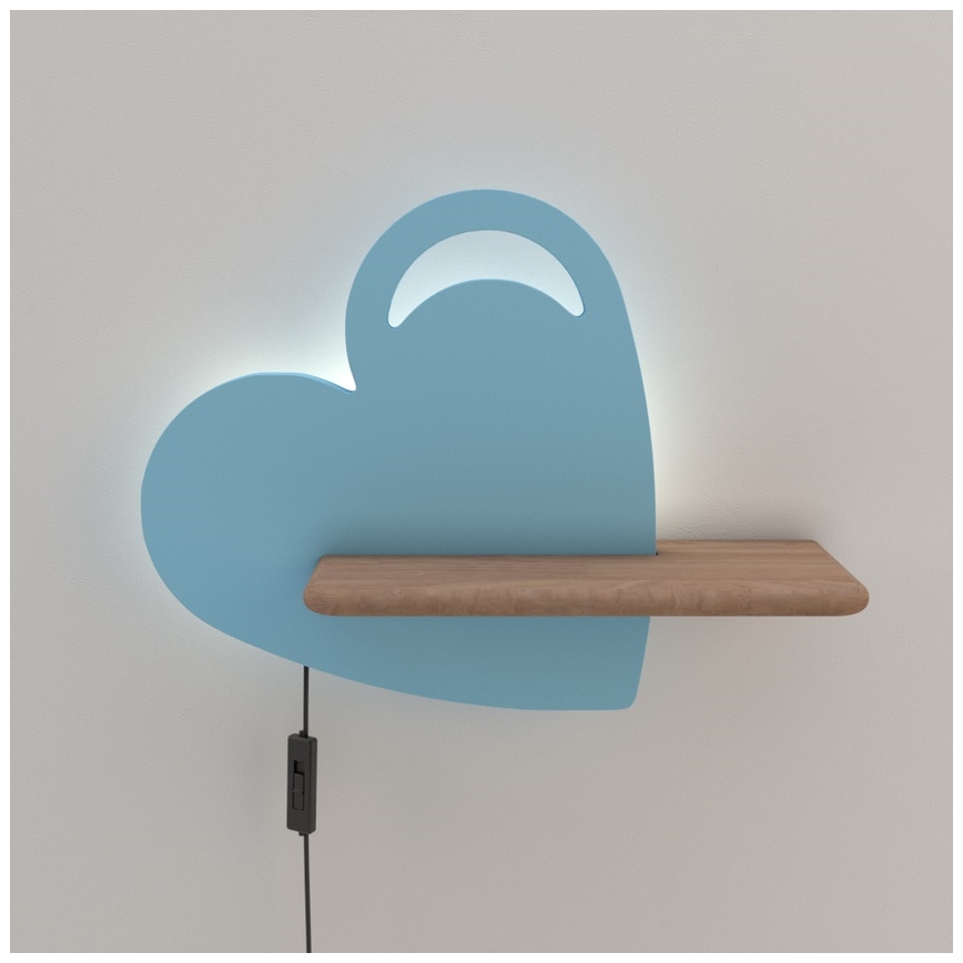 LED Dětské nástěnné svítidlo s poličkou HEART LED/5W/230V modrá/dřevo, FSC certifikováno