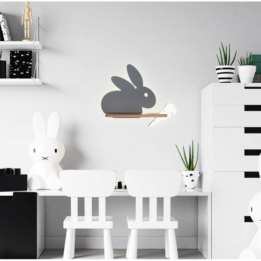 LED Dětské nástěnné svítidlo s poličkou RABBIT LED/4W/230V šedá/bílá/dřevo, FSC certifikováno