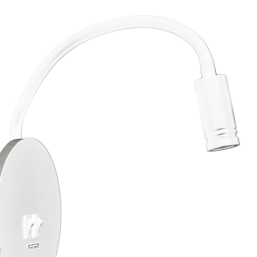 LED Flexibilní nástěnná lampička s USB BASE LED/8W+LED/2W/230V bílá/stříbrná