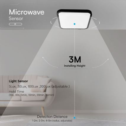 LED Koupelnové stropní svítidlo se senzorem SAMSUNG CHIP LED/36W/230V IP44 4000K 42x42 cm černá + dálkové ovládání