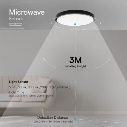 LED Koupelnové stropní svítidlo se senzorem SAMSUNG CHIP LED/36W/230V IP44 4000K pr. 42 cm černá + dálkové ovládání