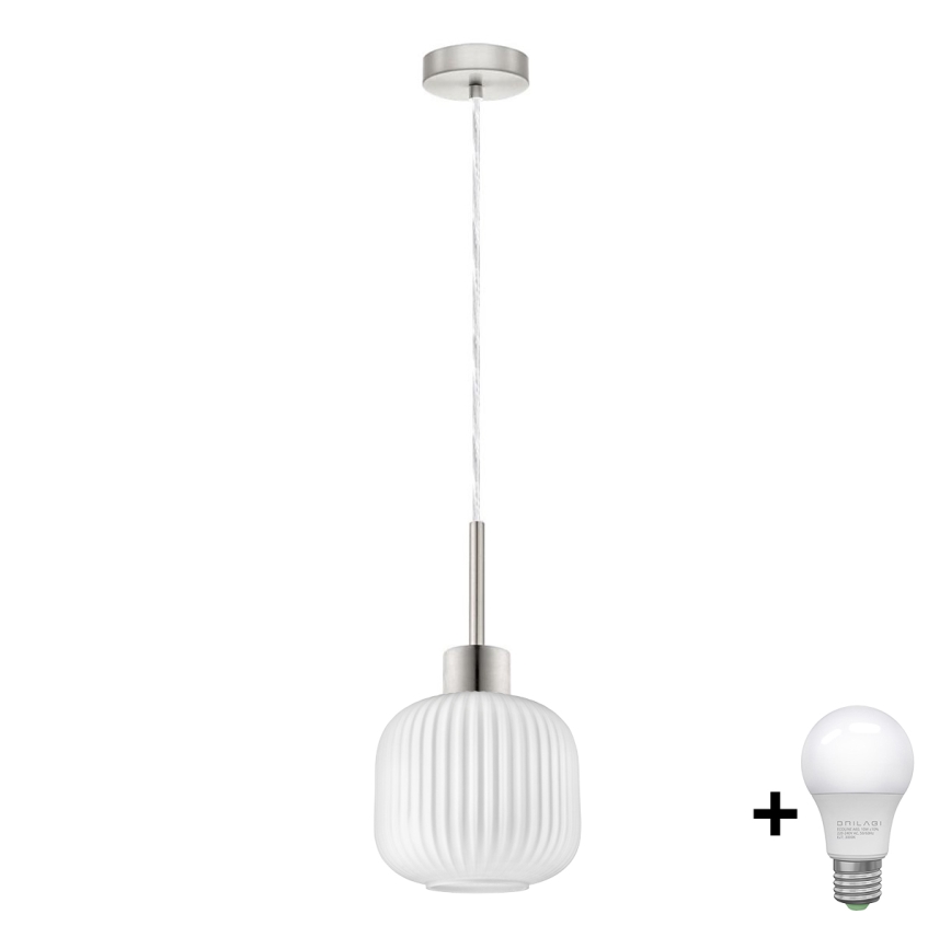 LED Lustr na lanku HARMA 1xE27/60W/230V pr. 20 cm matný chrom/bílá