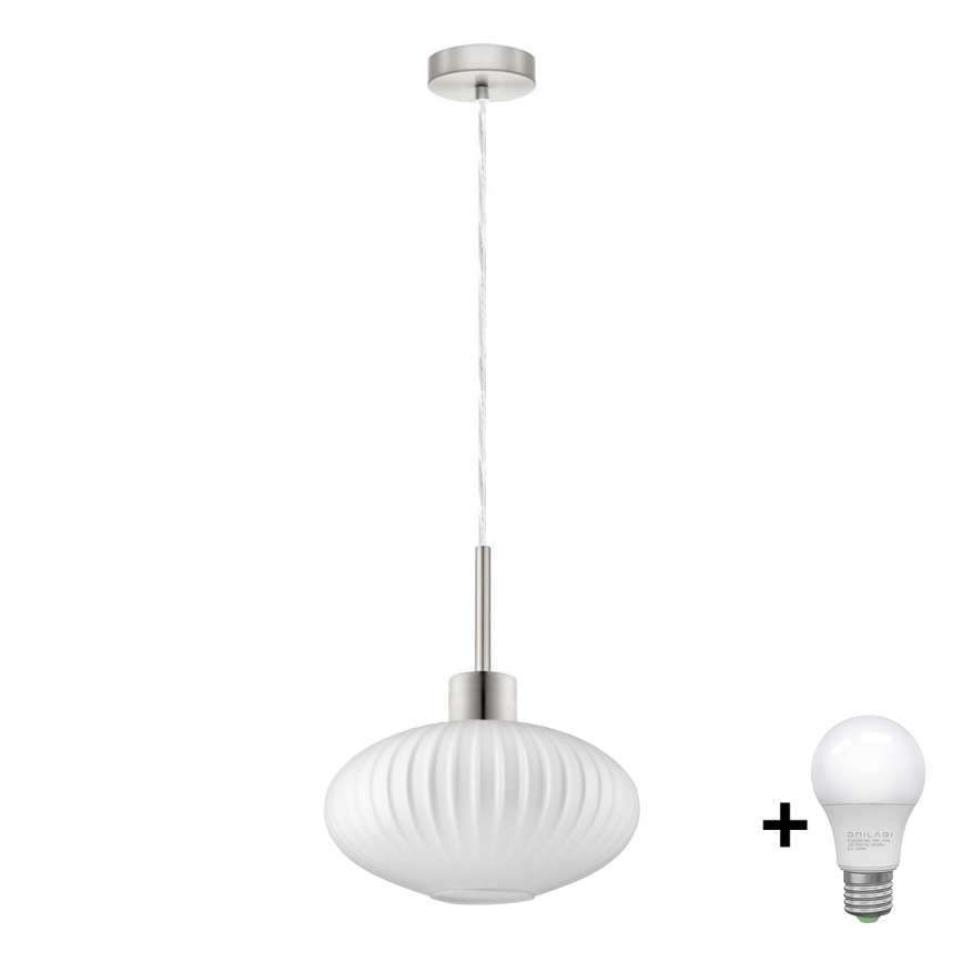 LED Lustr na lanku HARMA 1xE27/60W/230V pr. 30 cm matný chrom/bílá