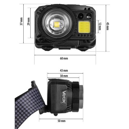 LED Stmívatelná nabíjecí čelovka se senzorem a červeným světlem LED/6W/5V/3xAAA IP44 500 lm 1200 mAh
